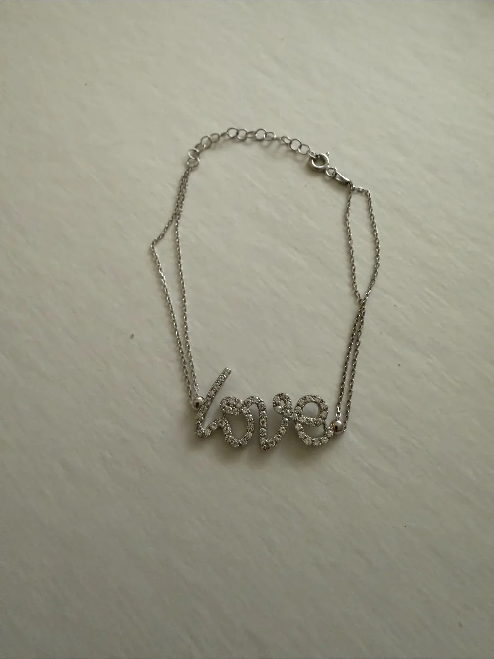 Sterling Silver 925 Italy Pavé CZ Script Love Double Chain Bracelet